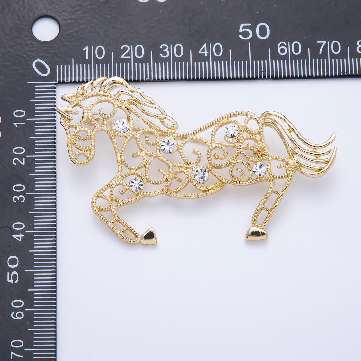 70.2mm Gold Filigree Horse Brooch with Clear Rhinestones Equestrian Jewelry Gift for Her Vintage Style Animal Lapel Pin | BH021