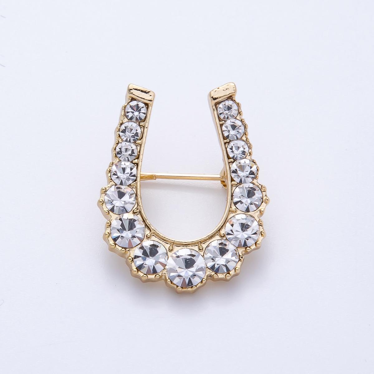 Gold Horseshoe Brooch Pin with Clear Rhinestones Good Luck Charm Pin Equestrian Gift Fashion Jewelry Accessory for Coats Bags | BH-043