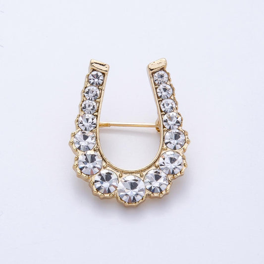Gold Horseshoe Brooch Pin with Clear Rhinestones Good Luck Charm Pin Equestrian Gift Fashion Jewelry Accessory for Coats Bags | BH-043