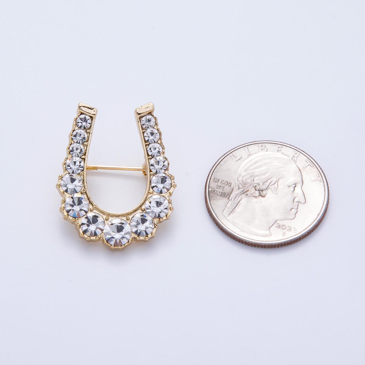 Gold Horseshoe Brooch Pin with Clear Rhinestones Good Luck Charm Pin Equestrian Gift Fashion Jewelry Accessory for Coats Bags | BH-043
