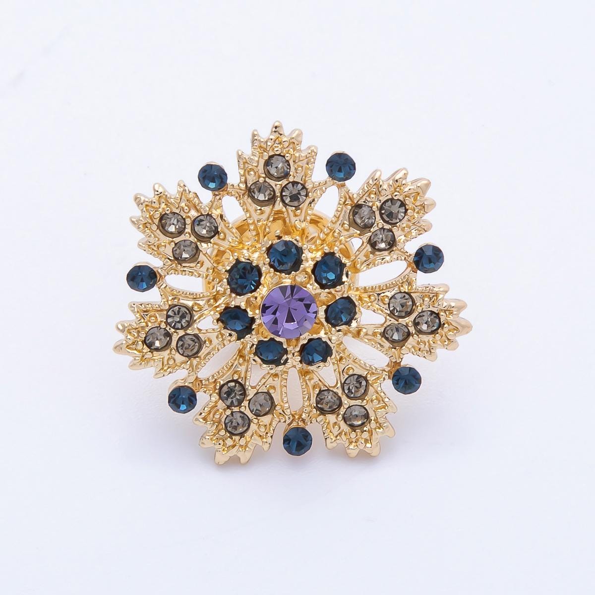 Vintage Style Gold Snowflake Brooch with Blue and Purple Rhinestones Unique Winter Jewelry Accessory for Coats Bags and Scarves | BH-042