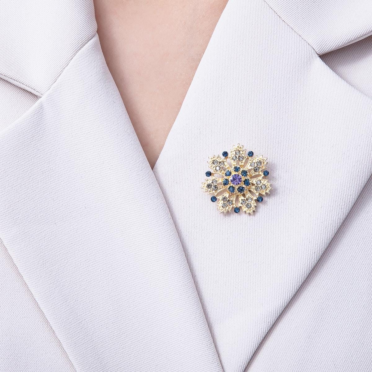 Vintage Style Gold Snowflake Brooch with Blue and Purple Rhinestones Unique Winter Jewelry Accessory for Coats Bags and Scarves | BH-042