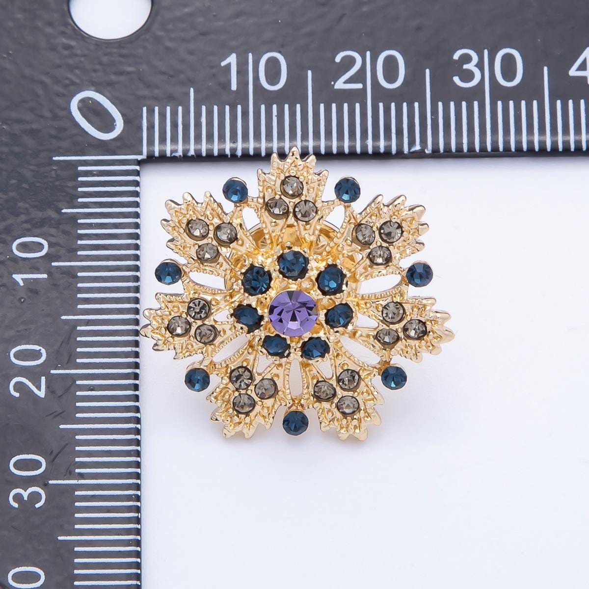 Vintage Style Gold Snowflake Brooch with Blue and Purple Rhinestones Unique Winter Jewelry Accessory for Coats Bags and Scarves | BH-042