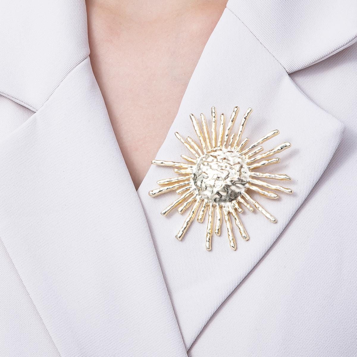 Gold 63.8mm Hammered Celestial Sun Pin Brooch Textured Boho Sun Rays Jewelry Accessory for Coats Bags Scarves | BH-032