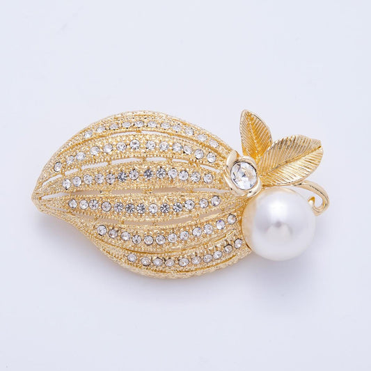 Gold 55.4mm Acrylic Pearl Leaf Flower Nature Pin Brooch Vintage Style Nature Inspired Statement Jewelry Accessory Coat Bags Scarves | BH-031