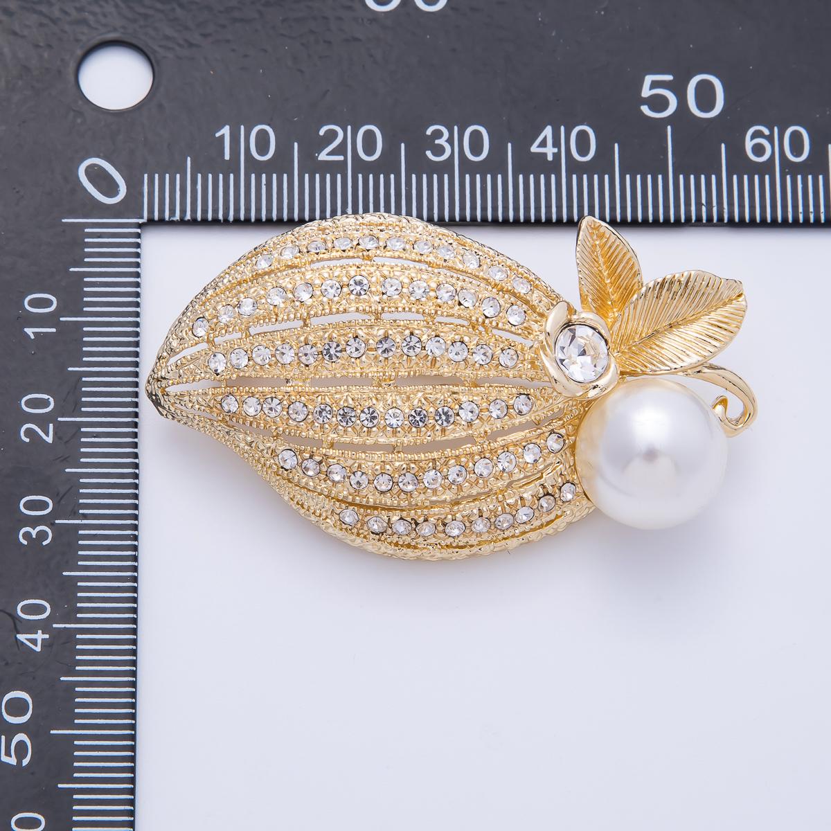Gold 55.4mm Acrylic Pearl Leaf Flower Nature Pin Brooch Vintage Style Nature Inspired Statement Jewelry Accessory Coat Bags Scarves | BH-031