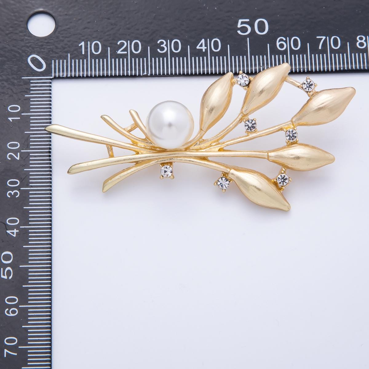 75.4mm Gold Leaf Brooch with Faux Pearl and Rhinestones Elegant Lapel Pin Nature lover gift for her Accessory for Coat Bags Scarves | BH-029