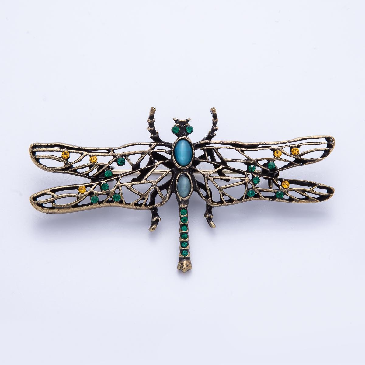71mm Vintage Style Dragonfly Brooch with Blue Green Rhinestone and Cabochon Jewelry Accessory for Coats Bags and Scarves | BH-028