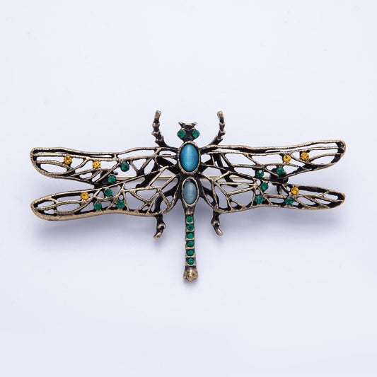 71mm Vintage Style Dragonfly Brooch with Blue Green Rhinestone and Cabochon Jewelry Accessory for Coats Bags and Scarves | BH-028