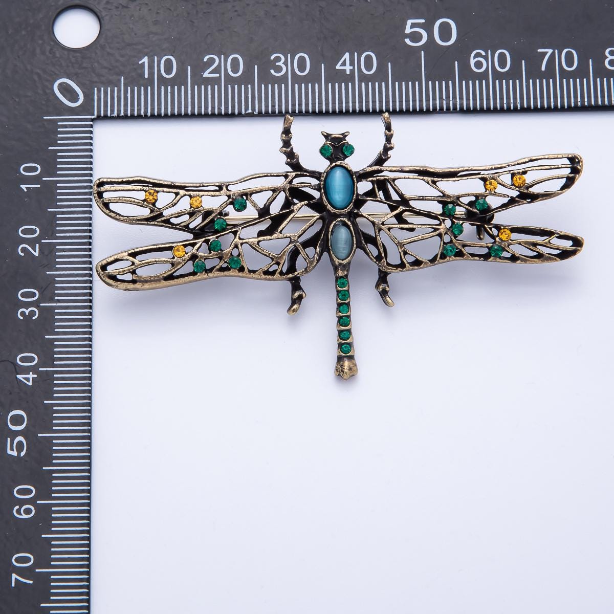 71mm Vintage Style Dragonfly Brooch with Blue Green Rhinestone and Cabochon Jewelry Accessory for Coats Bags and Scarves | BH-028