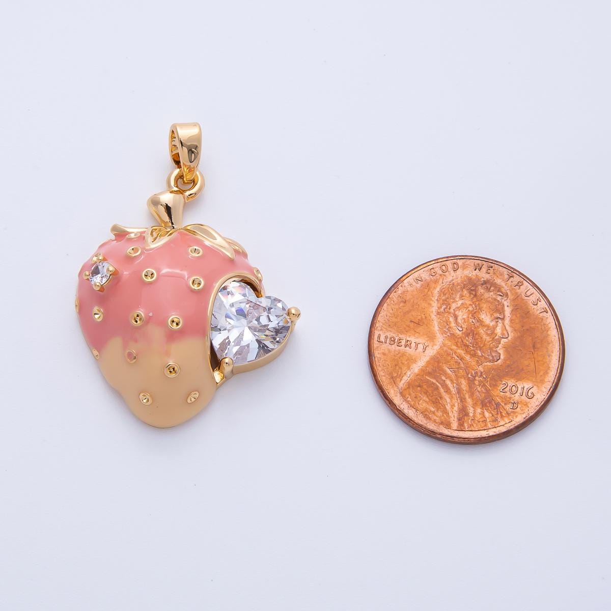 Gold Strawberry Charm, Cubic Zirconia Fruit Pendant, 18k Gold Filled Fruit Charm H-236