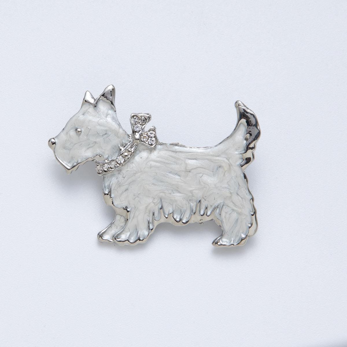 Sterling Silver Metallic Grey 43mm Enamel CZ Cute Puppy Animal Pin Dog Brooch with Rhinestone Collar Scottish Terrier Jewelry | BH094