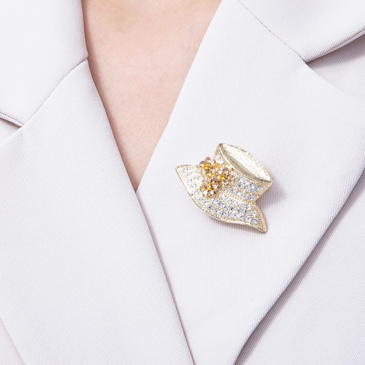 Gold 40mm Clear Rhinestone CZ Hat Brooch Accessories | BH-073