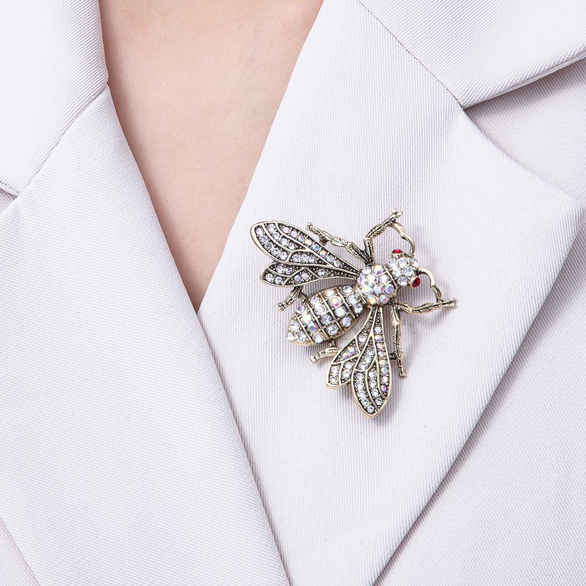 Large Antique Silver Bee Brooch Pin – Crystal Rhinestone Insect Lapel Pin, Gold Statement Brooch for Blazer, Coat or Scarf BH-045