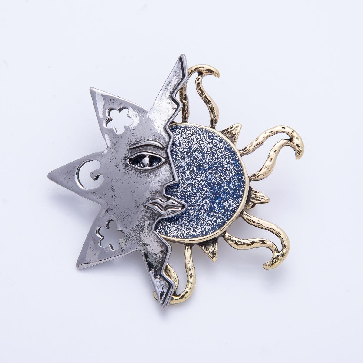 Mix Metal Sun and Moon Brooch Pin – Celestial Face WPin, Vintage Inspired Silver Gold Statement Brooch BH-087