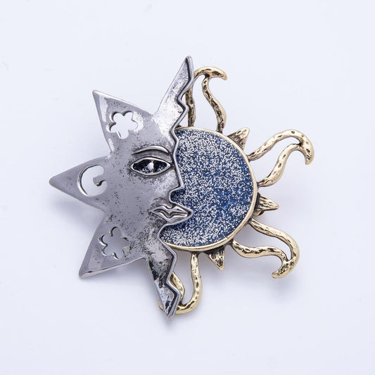 Mix Metal Sun and Moon Brooch Pin – Celestial Face WPin, Vintage Inspired Silver Gold Statement Brooch BH-087