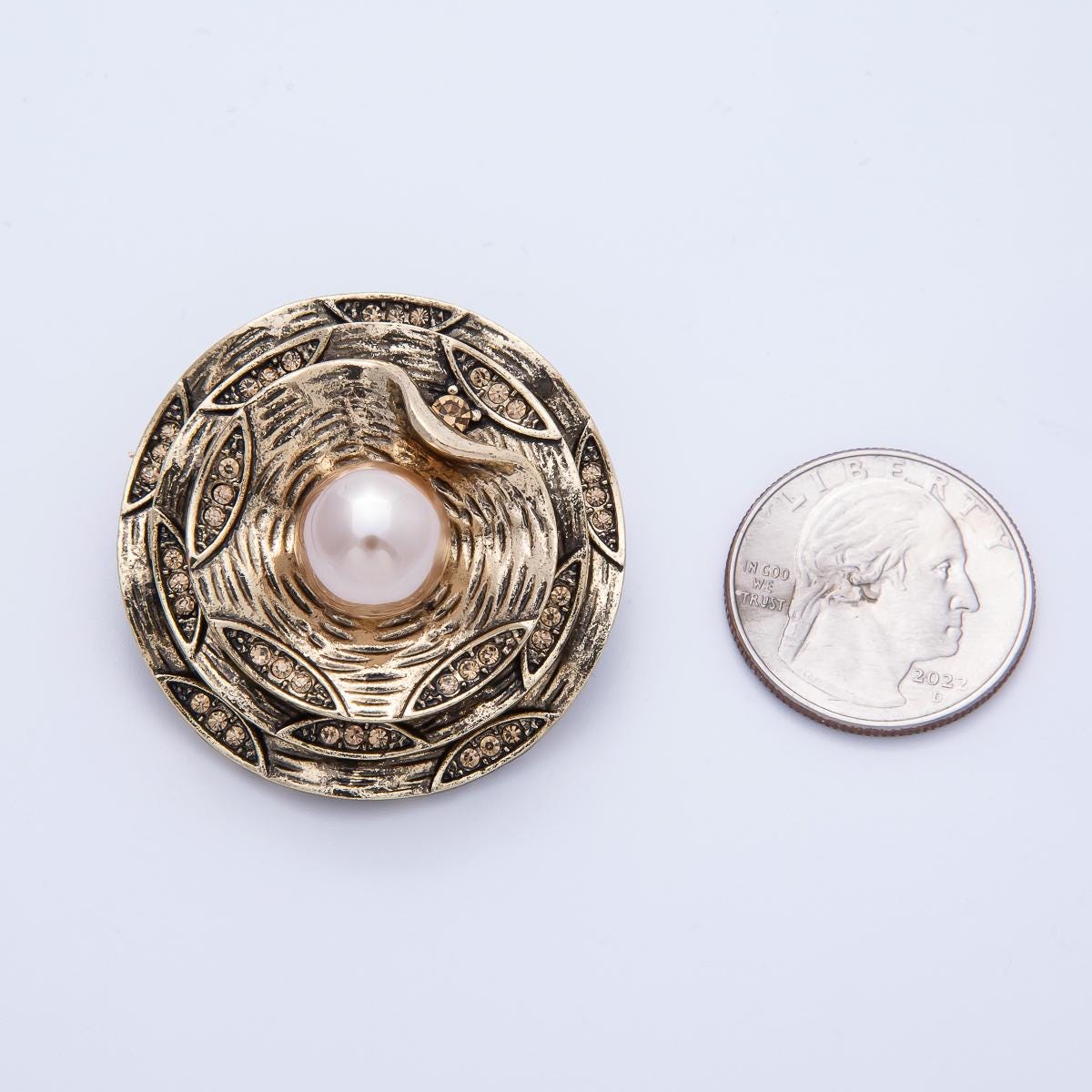 Big Bold Antique Gold Medallion Brooch Vintage Faux Pearl Statement Pin BH-078