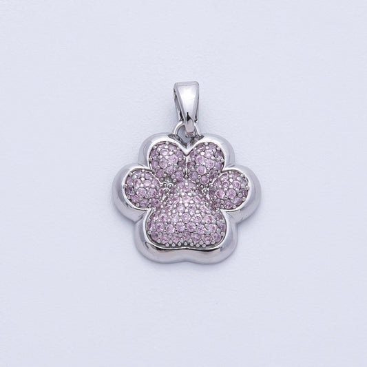 Mini Pink CZ Silver pets charm paw print dog puppy lover charm for bracelet necklace earring component | H-048