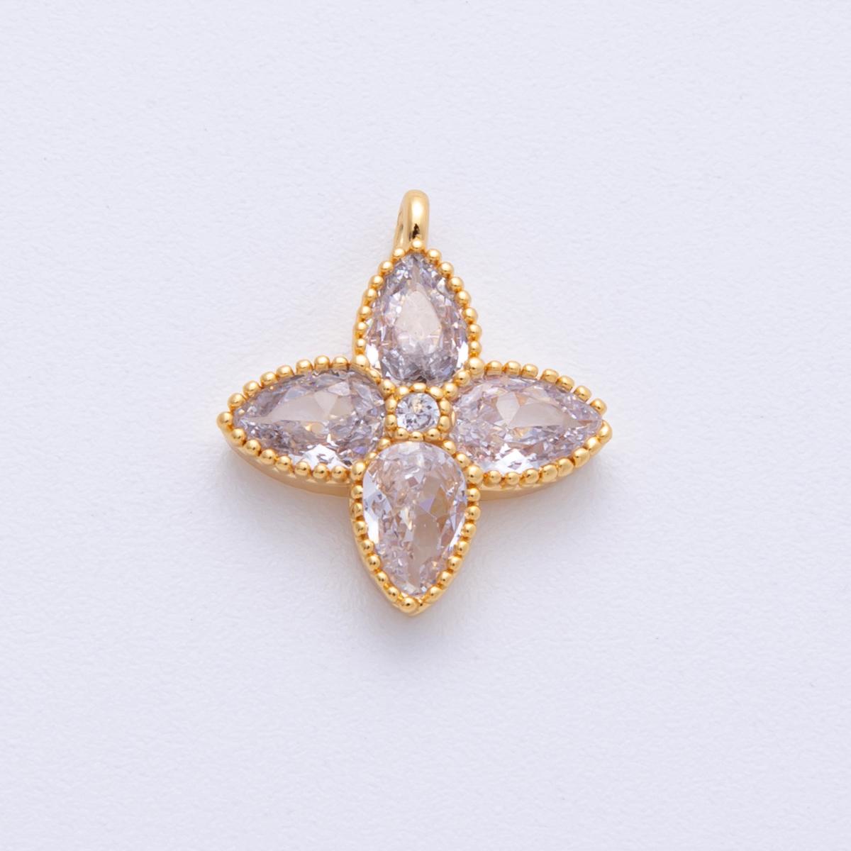 18K Gold Filled 17.1mm Clear CZ Flower Bezel Charm Dainty four leaf clover for necklace bracelet earrings DIY Jewelry Supply Minimal | H239