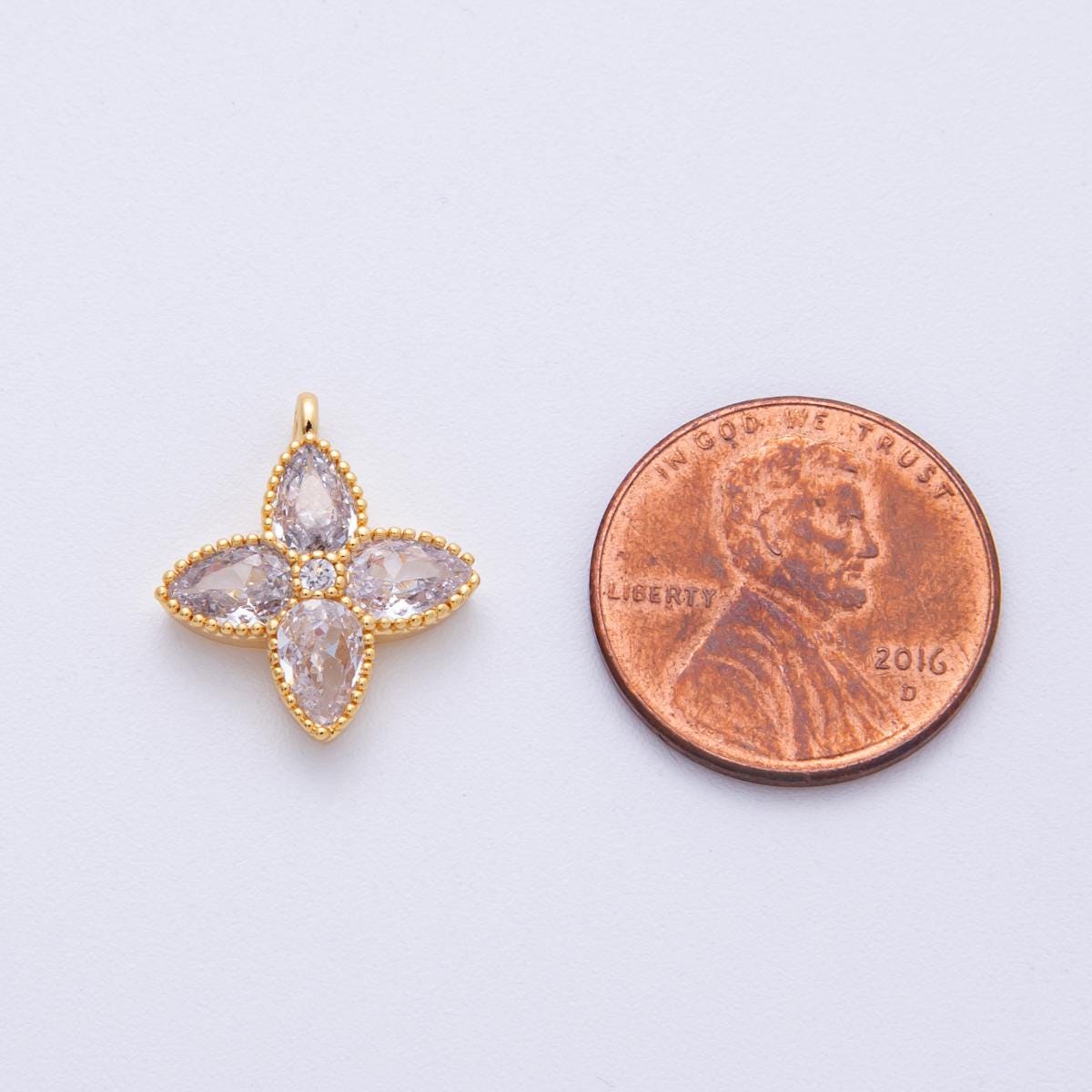 18K Gold Filled 17.1mm Clear CZ Flower Bezel Charm Dainty four leaf clover for necklace bracelet earrings DIY Jewelry Supply Minimal | H239