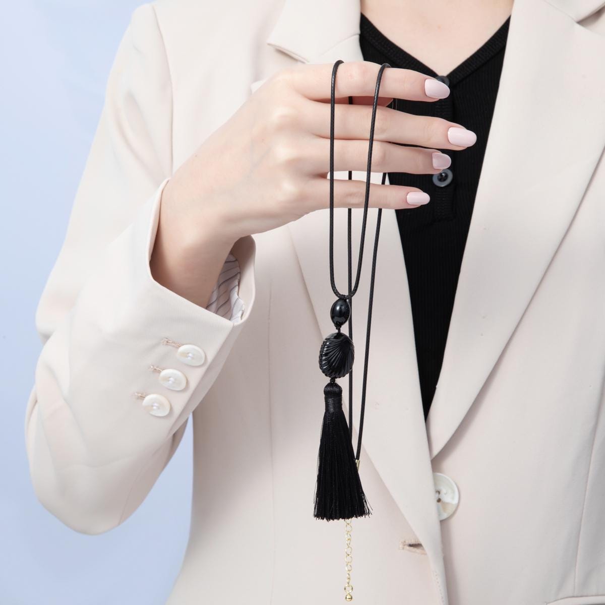 Minimalist Black Bead Necklace with Tassel Long Cord Pendant Necklace 29 Inch | Neck-80000