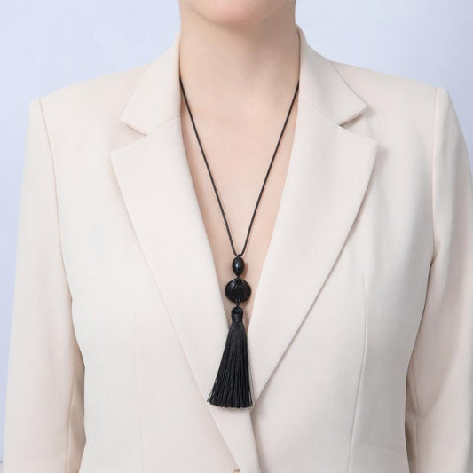 Minimalist Black Bead Necklace with Tassel Long Cord Pendant Necklace 29 Inch | Neck-80000