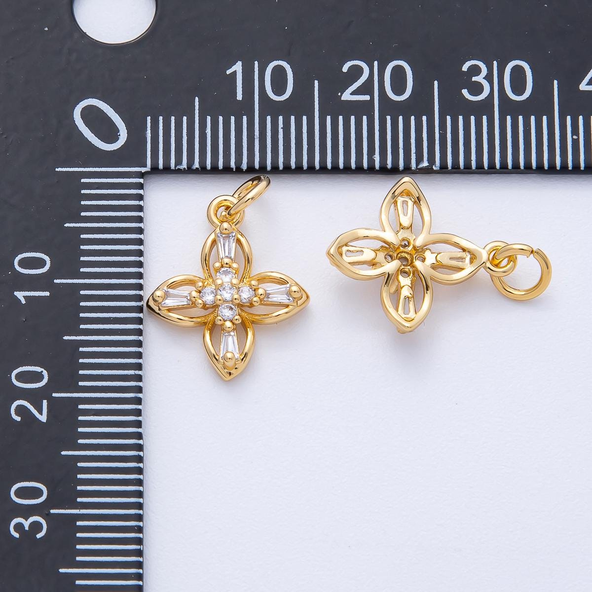 18K Gold Filled 16mm Clear Baguette Micro Paved CZ Clover Flower Charm Dainty floral pendant for custom necklace bracelet | AK176