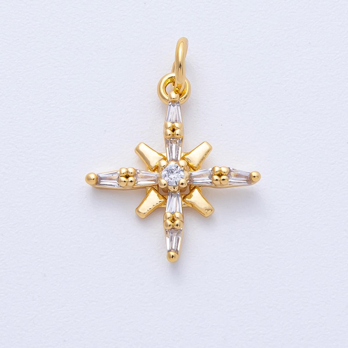 18K Gold Filled 18mm Clear Baguette CZ Compass North Star Charm Celestial Jewelry Making Supply Dainty Compass Rose | AK-177