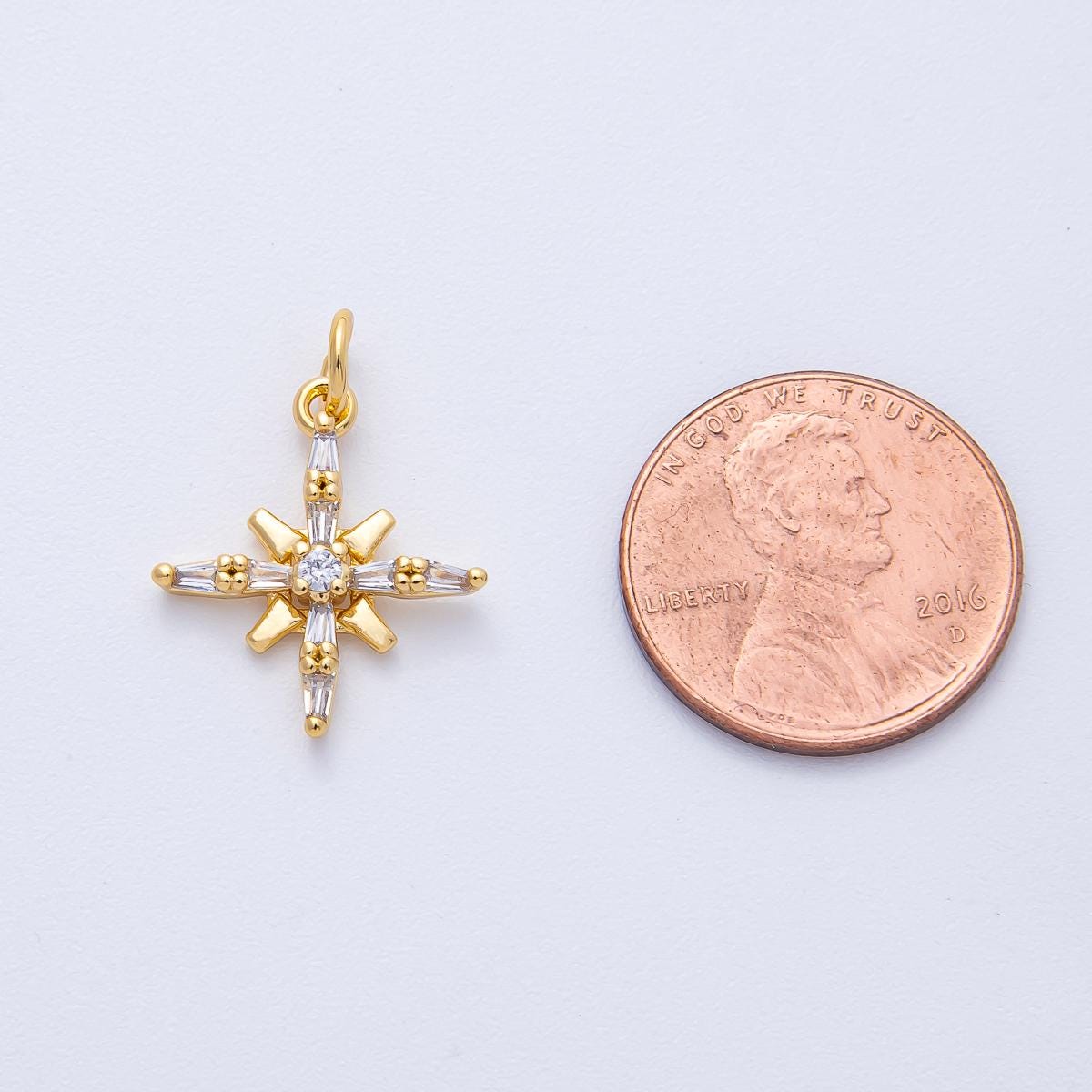 18K Gold Filled 18mm Clear Baguette CZ Compass North Star Charm Celestial Jewelry Making Supply Dainty Compass Rose | AK-177
