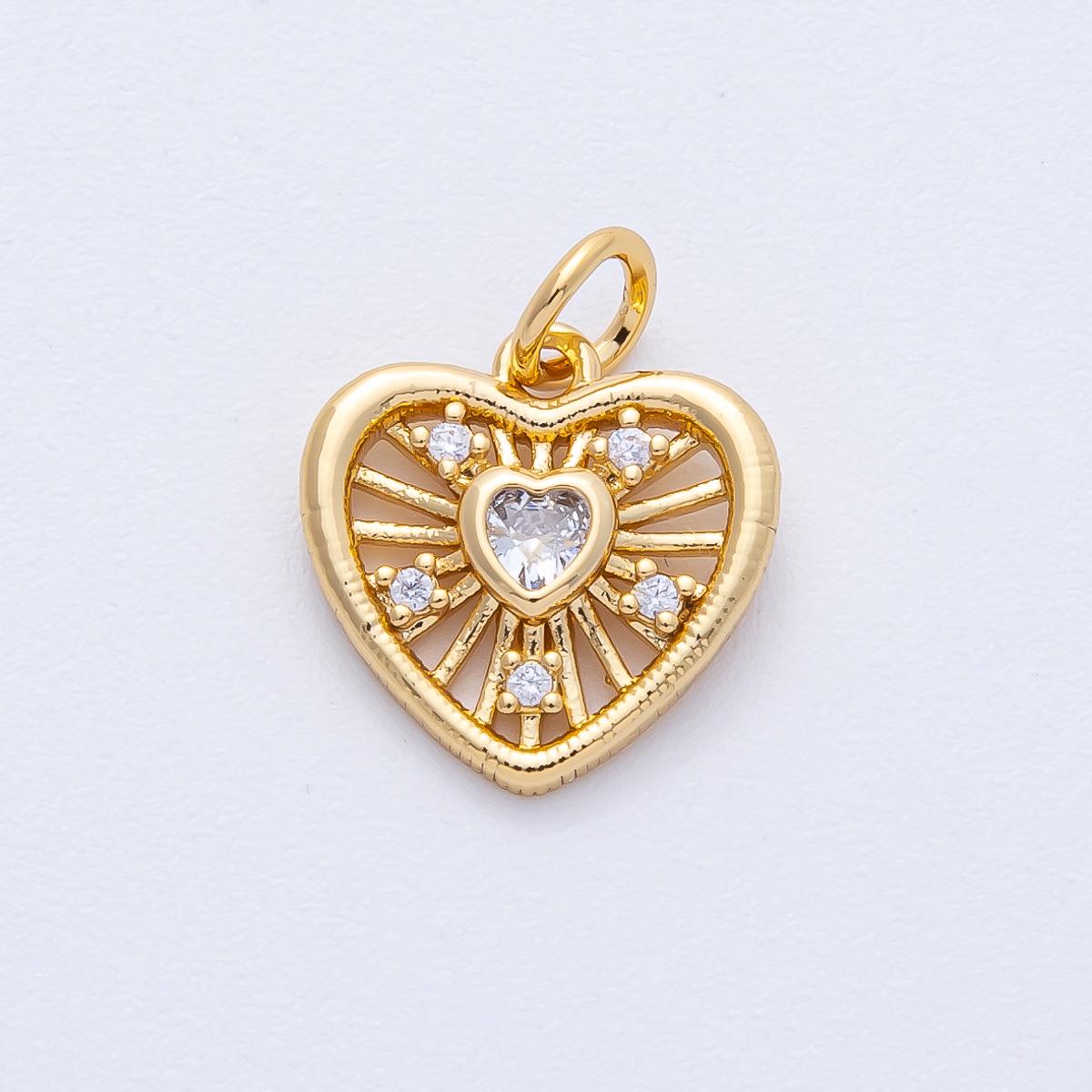 18K Gold Filled 13.5mm Clear CZ Sunburst Heart Mini Charm Heart & Rays Celestial Jewelry Supply Dainty Accent | AK180