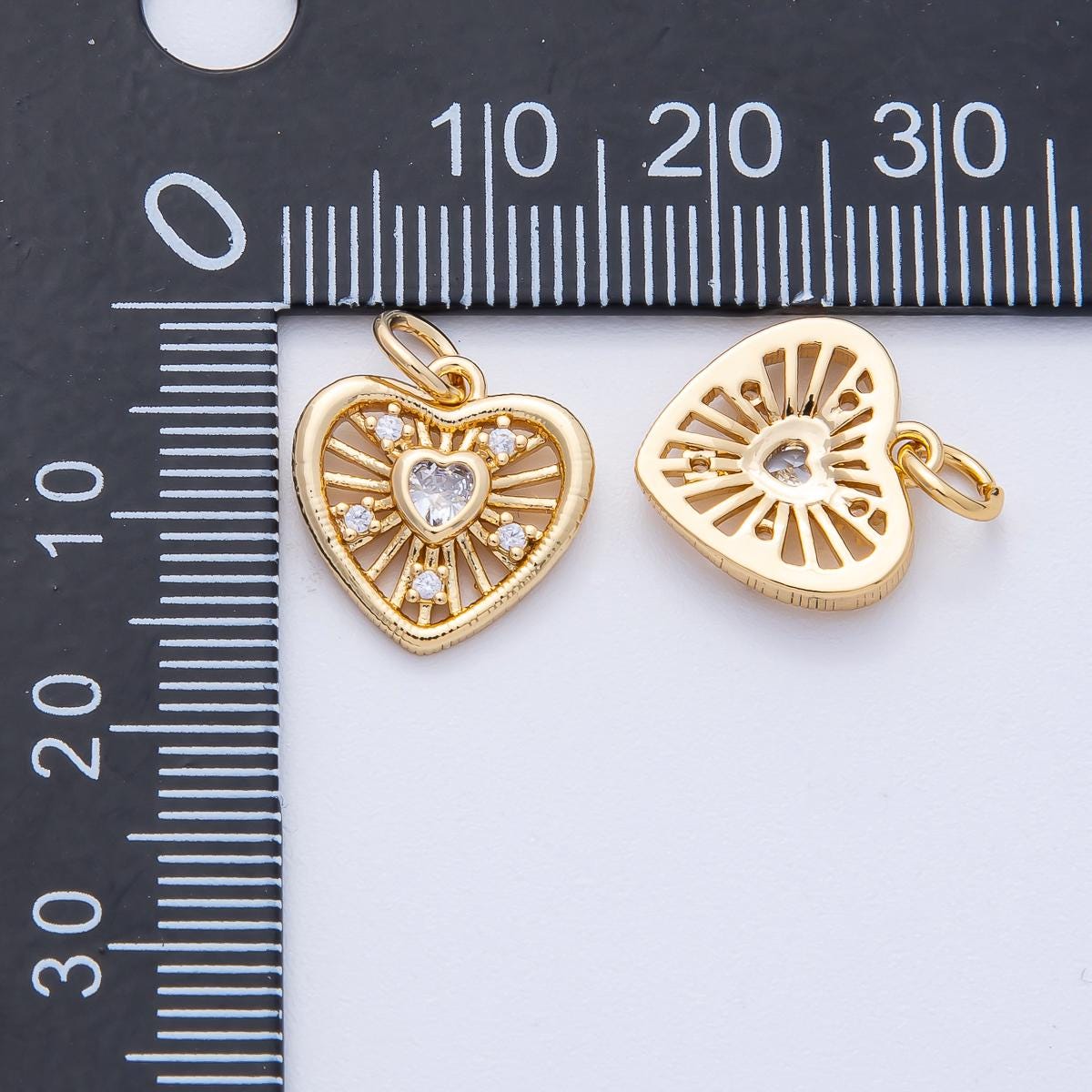 18K Gold Filled 13.5mm Clear CZ Sunburst Heart Mini Charm Heart & Rays Celestial Jewelry Supply Dainty Accent | AK180