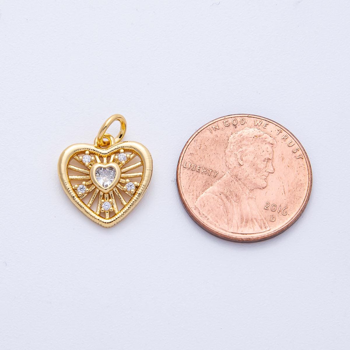 18K Gold Filled 13.5mm Clear CZ Sunburst Heart Mini Charm Heart & Rays Celestial Jewelry Supply Dainty Accent | AK180