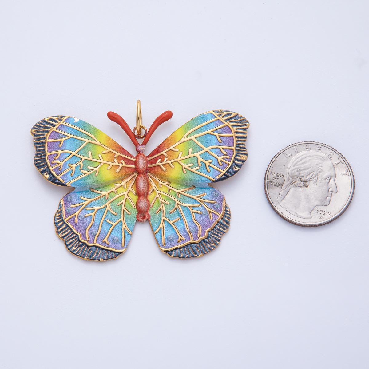 Stainless Steel 42mm Multicolor Rainbow Gradient Enamel Butterfly Animal Charm Colorful Statement Jewelry Nature Lover Gift | J-606