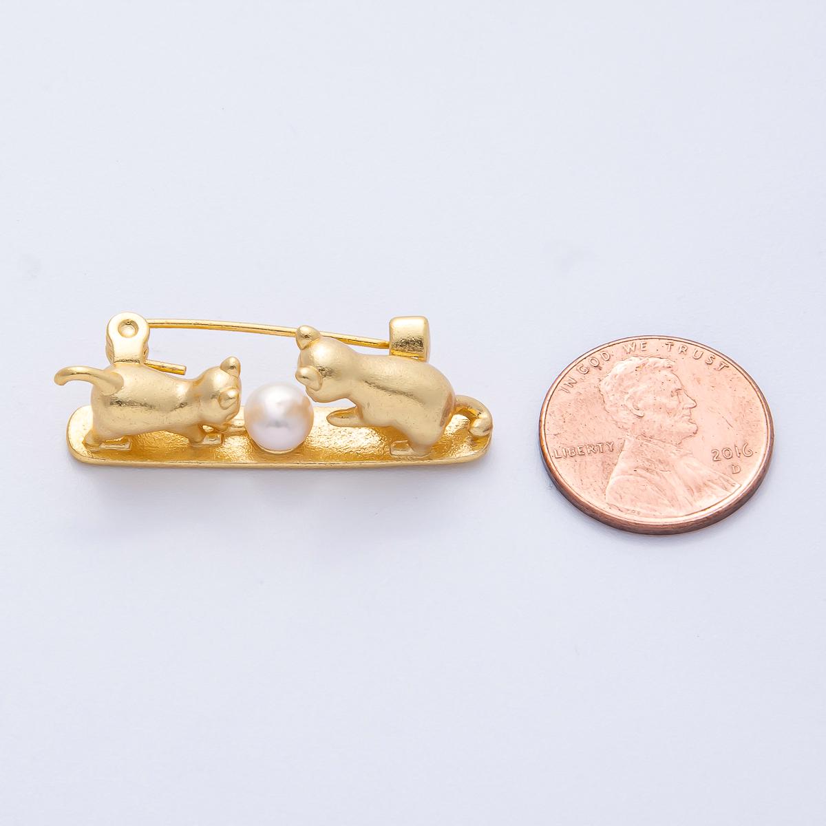 Gold 35.7mm Pearl Two Kitten Cats Pet Playing Animal Pin Brooch Cat Lover Gift Gold Tone Accessory for Coats Bags Scarves | BH-012