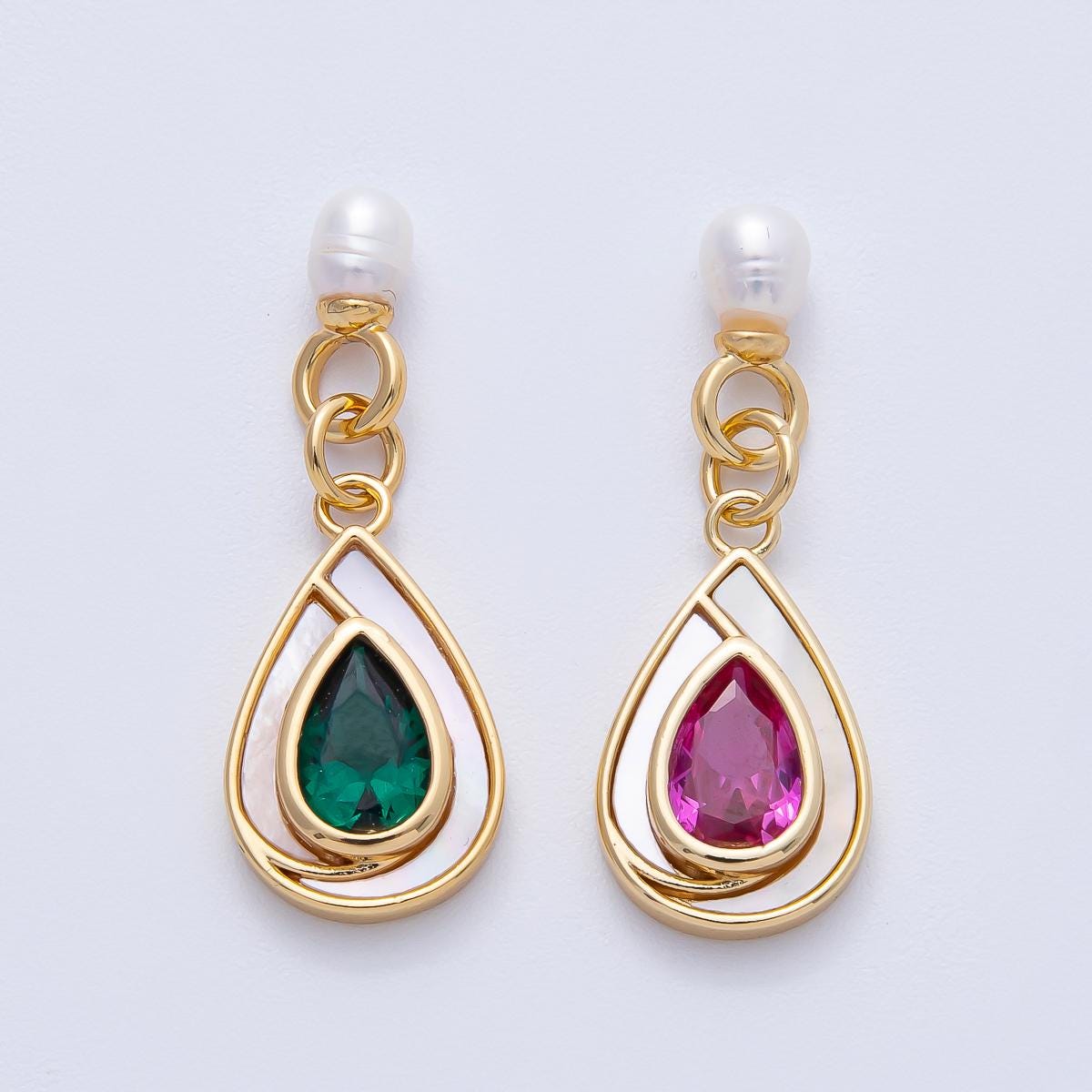 Dainty tear drop Green Pink Cubic Zirconia Stone pearl charm for bracelet necklace component Findings-400002