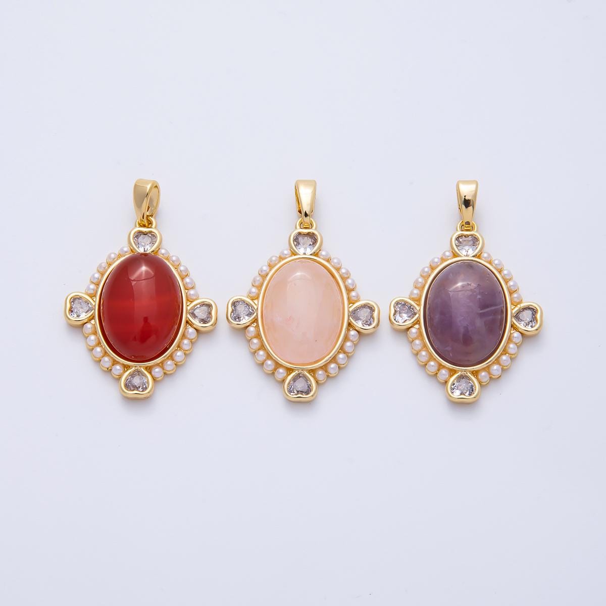 18K Gold Filled 24.6mm White Shell Pearl Heart CZ Shaped Oval Natural Gemstone Pendant DIY Supply for custom Necklace | Pendants 100103