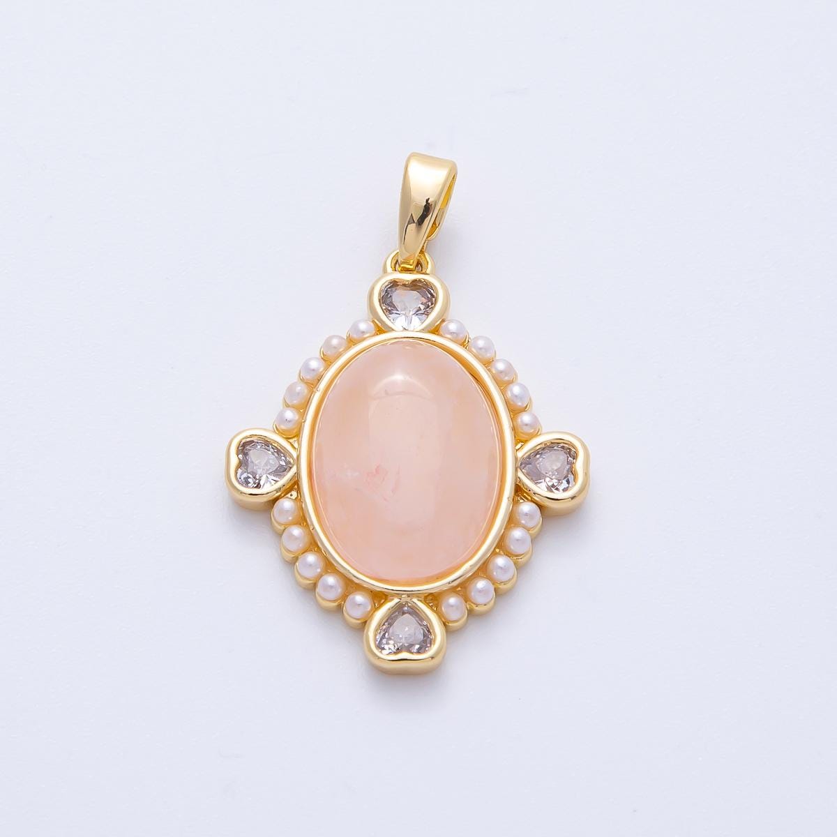 18K Gold Filled 24.6mm White Shell Pearl Heart CZ Shaped Oval Natural Gemstone Pendant DIY Supply for custom Necklace | CHARMS-00078