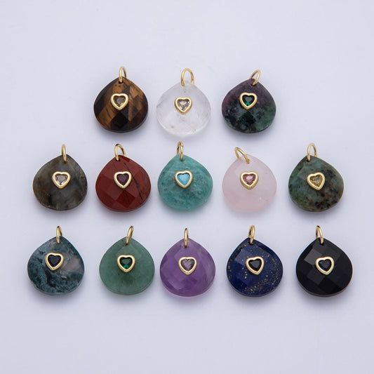 18K Gold Filled Natural Stone Pendant Oval Pendant with CZ Gold Heart – Handmade Gemstone Pendant Necklace Charms-100001