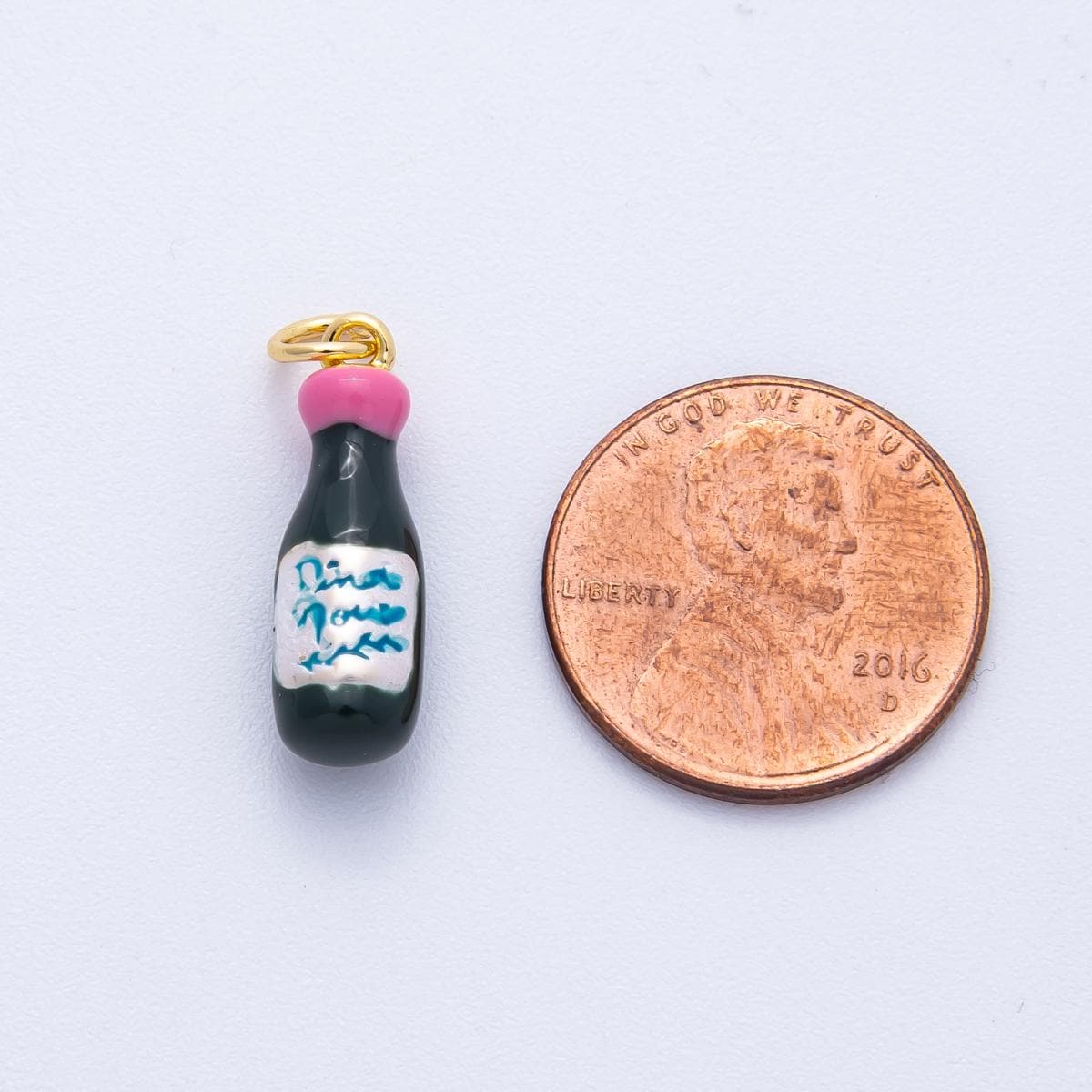 18K Gold Filled 20mm Pink & Green Enamel Champagne Bottle Charm Vintage-Style Dina Pendant DIY Jewelry Supply for Necklace | Charms-100013