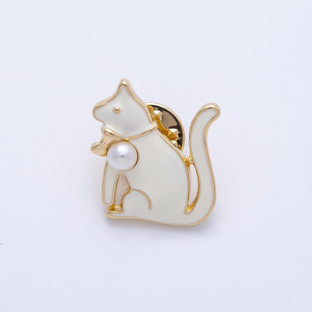 Gold White Acrylic Pearl Enamel Cat Kitten Pet Pin Brooch Playful Faux Pearl Accessory Cat Lover Gift for Her | BH-047