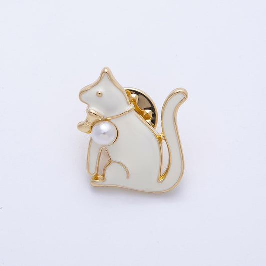 Gold White Acrylic Pearl Enamel Cat Kitten Pet Pin Brooch Playful Faux Pearl Accessory Cat Lover Gift for Her | BH-047