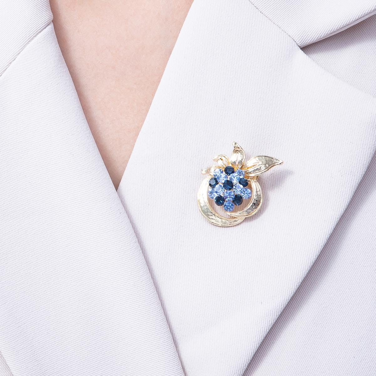Gold Blue Rhinestone Circular Leaf Nature Pin Brooch Cluster Jewelry Nature Accessory Unique Gift for her Coats Scarves Bags | BH-048