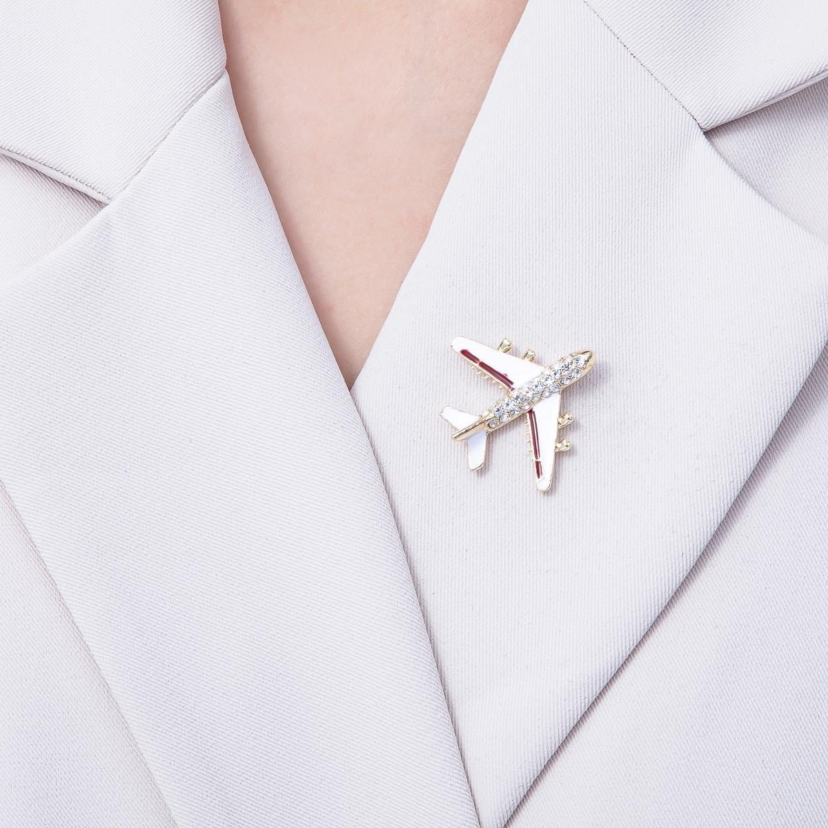Gold Rhinestone White Enamel Airplane Travel Pin Brooch Crystal Aircraft Travel Jewelry for Coats Bags and Scarves | BH-051