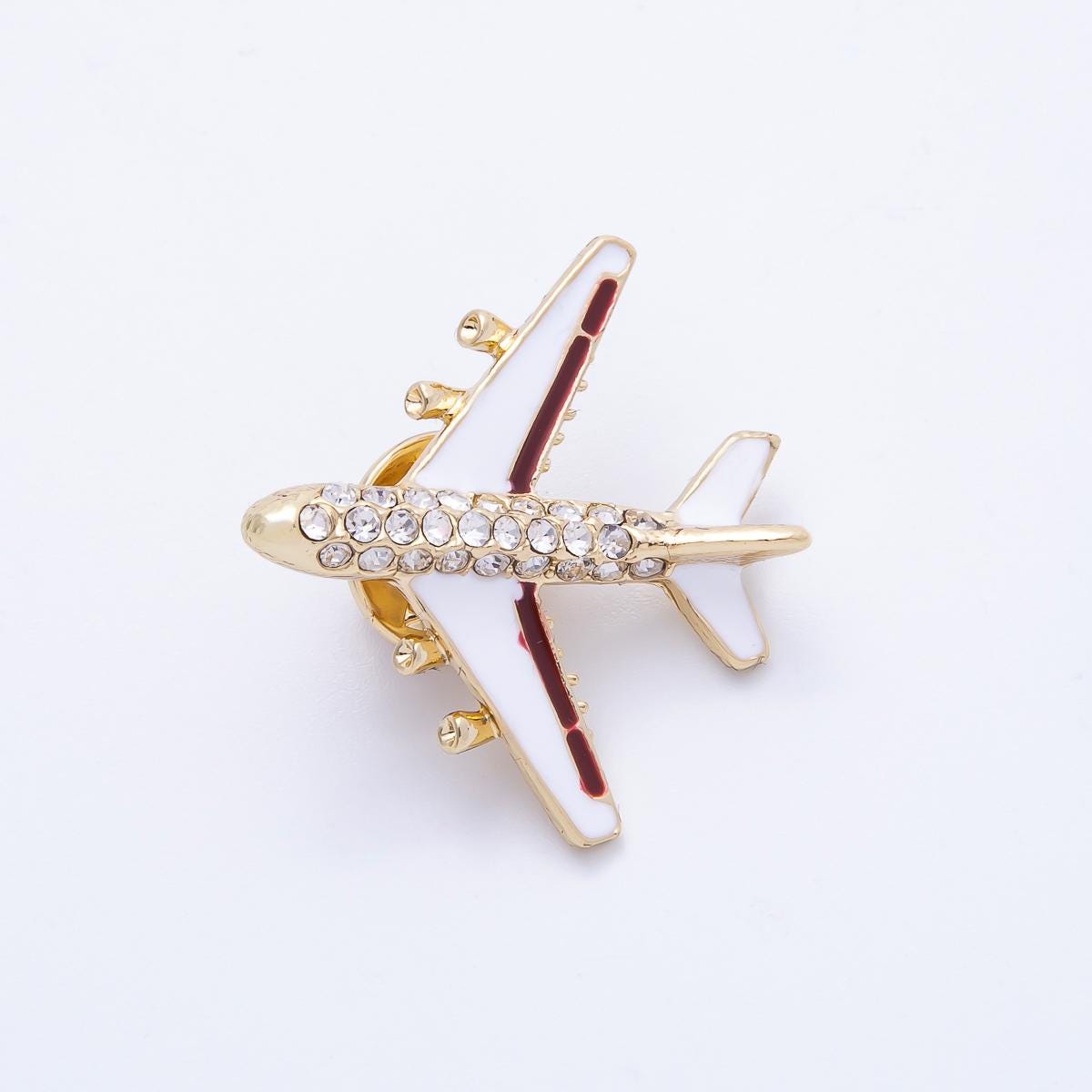 Gold Rhinestone White Enamel Airplane Travel Pin Brooch Crystal Aircraft Travel Jewelry for Coats Bags and Scarves | BH-051