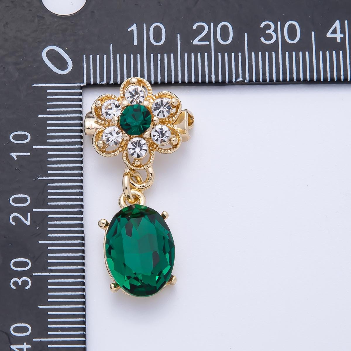 Gold 34.5mm Green Oval Rhinestone Drop Flower Pin Brooch Gold Tone Dangle Bridal Jewelry Statement Wedding Accessory | BH-046