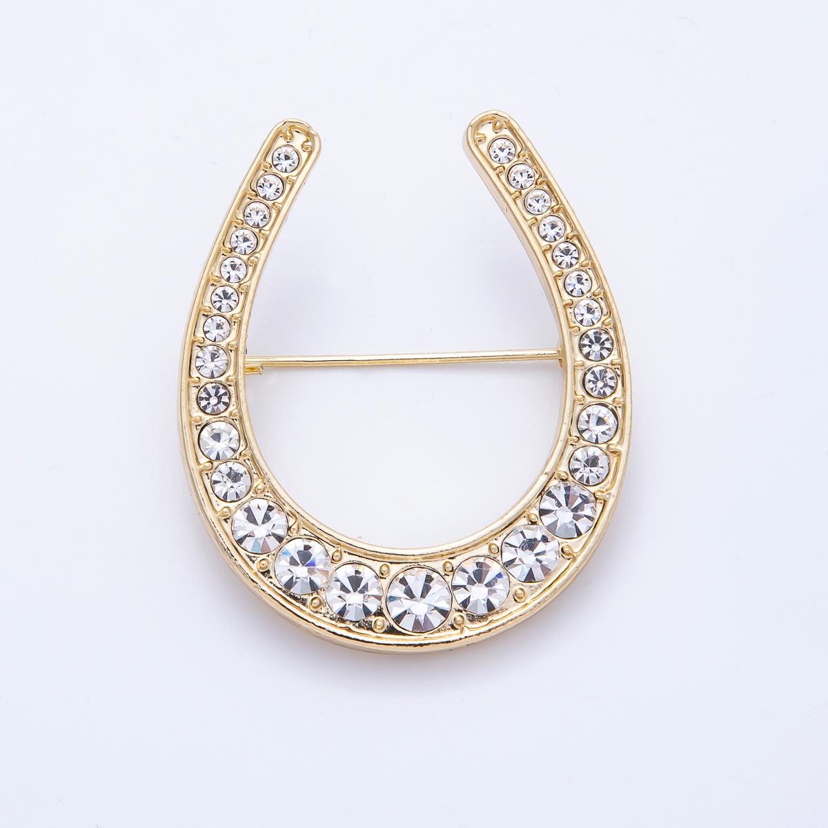 Gold 40.3mm Clear Rhinestone Gradient Horseshoe Pin Brooch Sparkling Crystal Luck Charm Equestrian Style Jewelry | BH-055