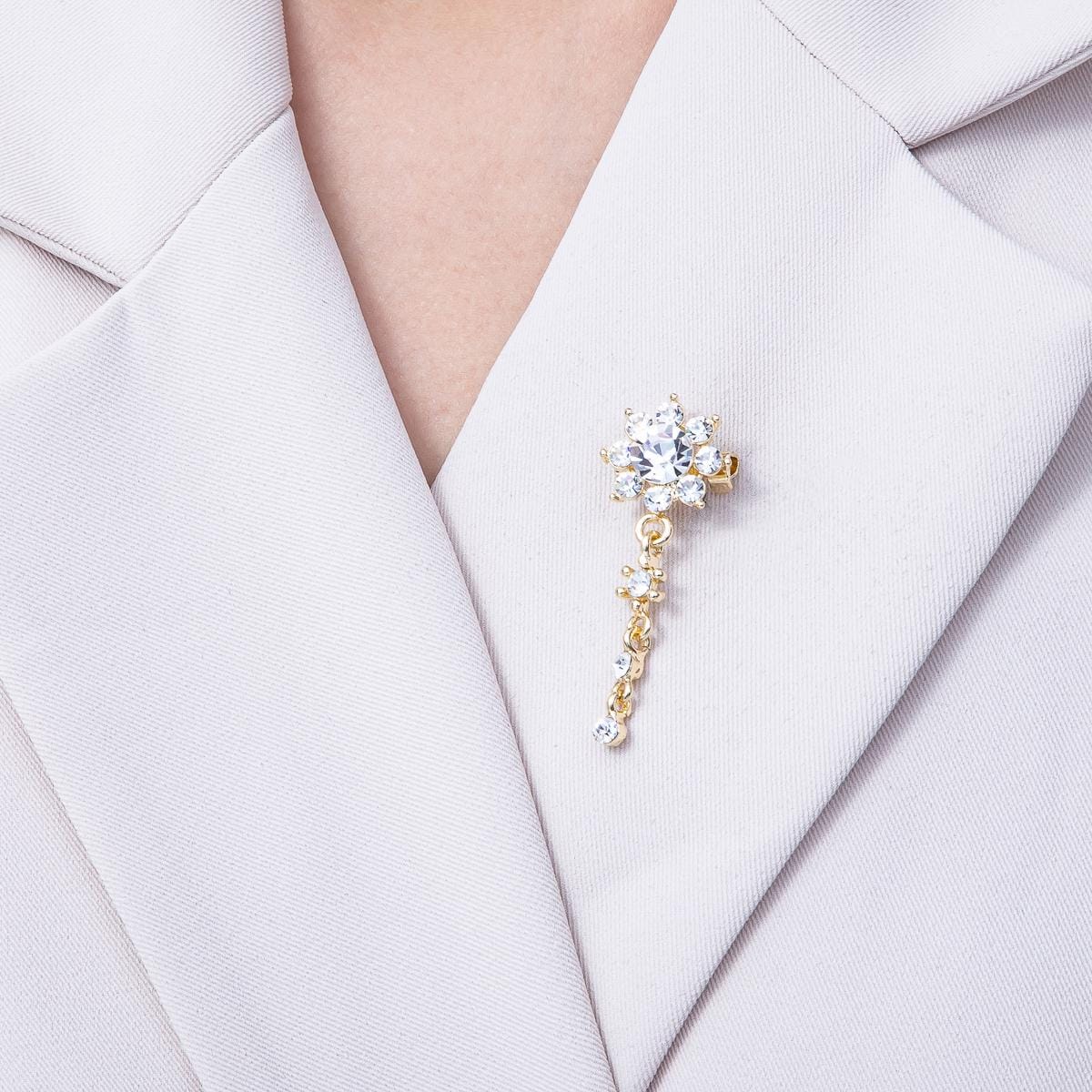 Gold 47.5mm Light Rhinestone Round Drop Pin Crystal Flower Dangle Brooch Elegant Bridal Jewelry Gift for Her | BH-057