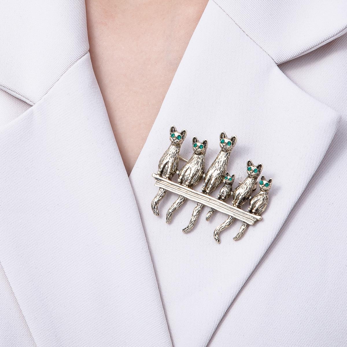 Vintage Gold Cat Kitten Pet Animal Brooch Vintage Style Six Cats on a Fence Pin Cat Lover Gift Feline Jewelry Coats Bags Scarves | BH-063