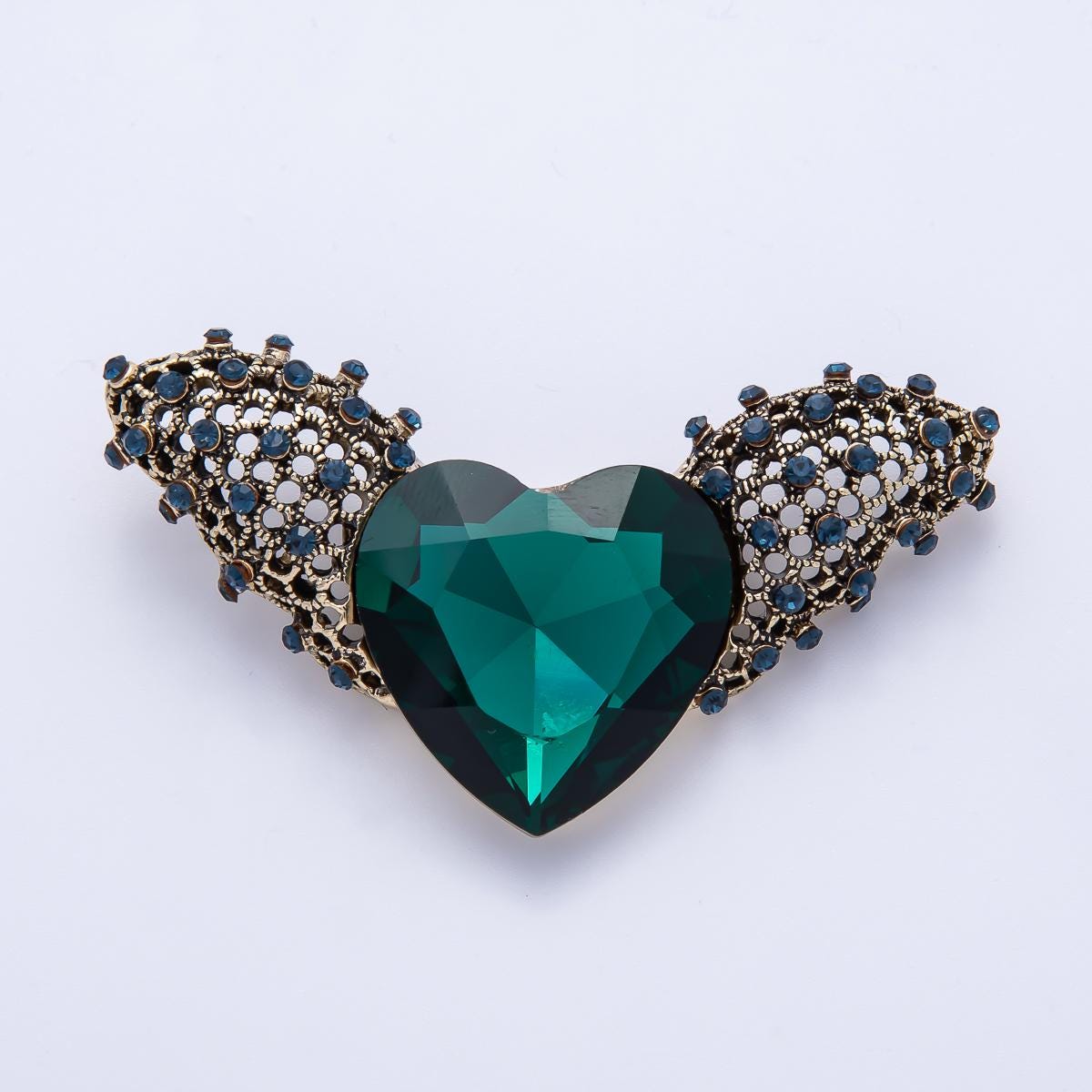 Vintage Turquoise Green Rhinestone Heart Wings Pin Brooch Sparkling Crystal Angel Pin Gift for Her for Coats Bags and Scarves | BH-064