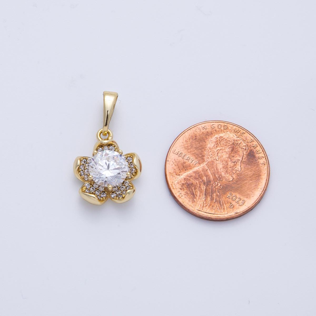 Dainty 14k gold filled plumeria flower pendant solitaire CZ crystal charm minimalist DIY jewelry supply custom necklace | Pendants-100105
